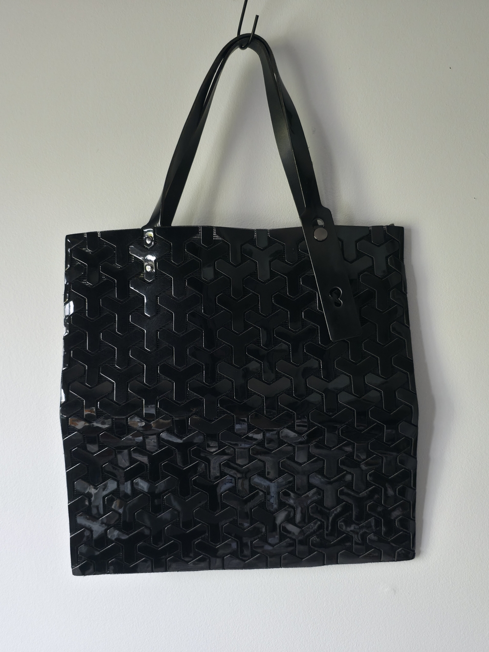Black Patent Geometric Tote Bag